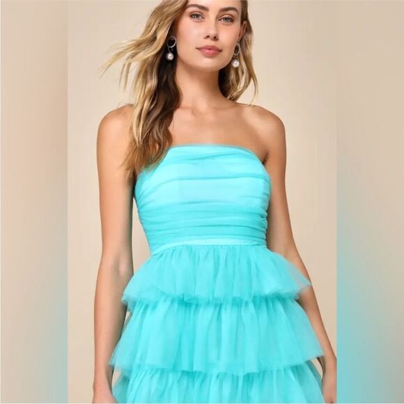 Lulus NWT Fabulous Existence Teal Green Tulle Strapless Tiered Maxi Dress Small - Picture 3 of 5